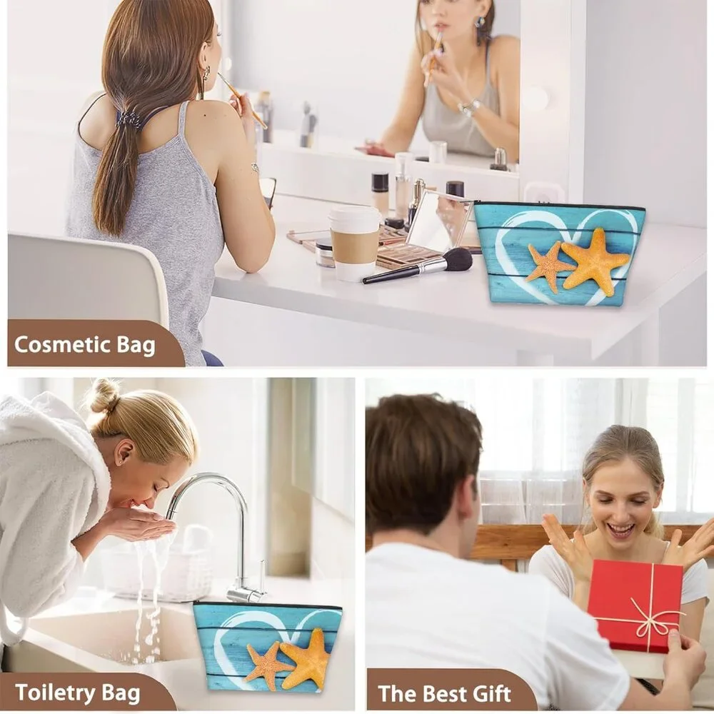 Beach Starfish Cosmetic Bag Coastal Blue Wooden Makeup Bags,Travel Make up Bags - Picture 7 of 8